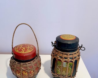 Asian Rice Baskets Bamboo Lidded Storage Wedding Basket Traditional Handmade Folk Art Bohemian Decor