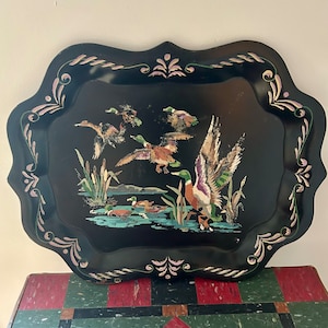 Vintage Hand Painted Tole Tray Geese Ducks