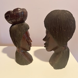 Vintage Carved Wood African Busts: Cameroon Couple Sculpture