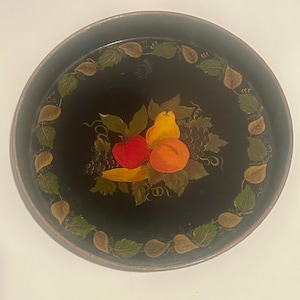 Vintage Round Floral Hand Painted Tole Tray Fruit Motif