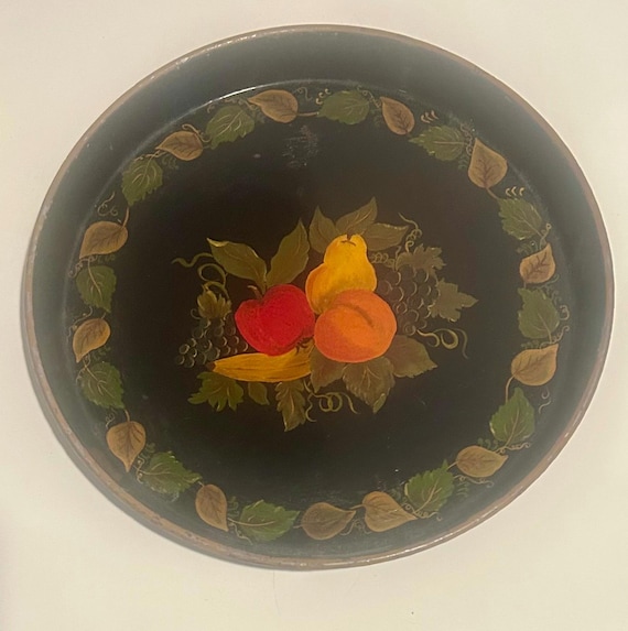 Vintage Round Floral Hand Painted Tole Tray Fruit Motif