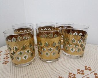 Mid Century Modern Barware Culver Pisa Glasses 22 carat gold Set of Six