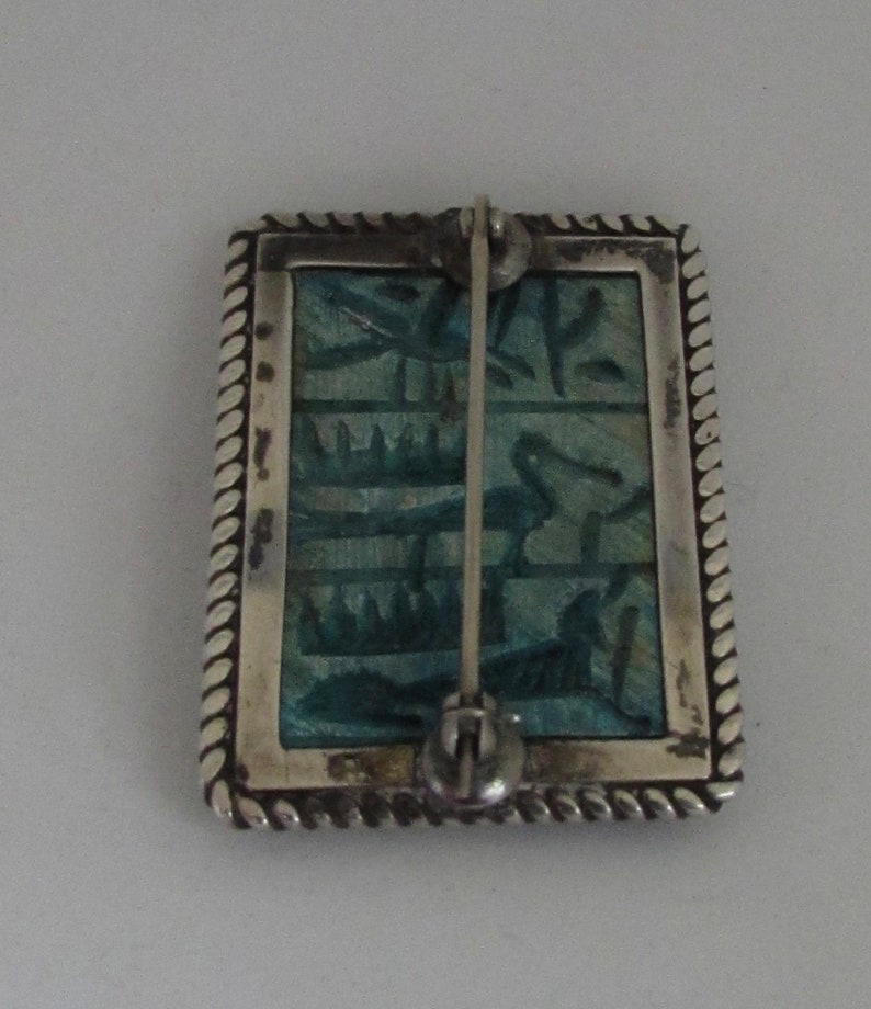 Vintage Sterling Silver Egyptian Hieroglyphics Faience Pin Brooch