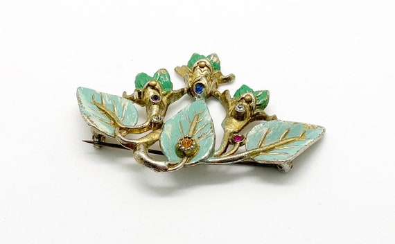 Vintage Enameled Leaves and Flowers Brooch Art No… - image 3