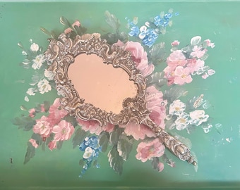 Antique Art Nouveau Silver Floral Hand Held Mirror Vanity Decor