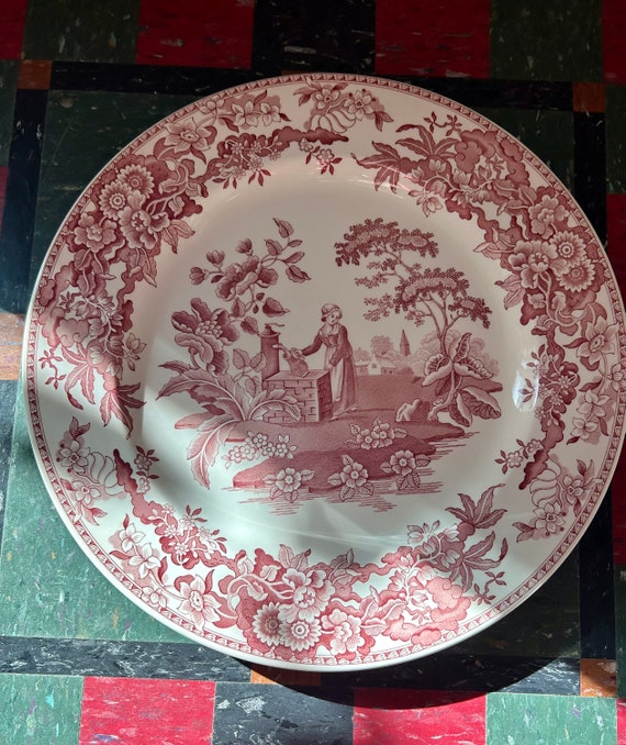Vintage Spode Cranberry Transferware Platter: Botanical, Girl at