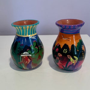 Ensemble de deux mini vases d&#39;art folklorique Guerrero en poterie mexicaine