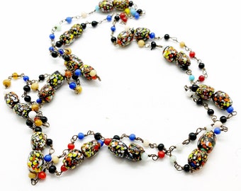 Antique Black Spatter Beads Venetian Glass Necklace Long Beaded Necklace