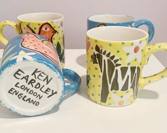 Vintage Ken Eardley Ceramics London Set of Four Mugs Birds Zebra