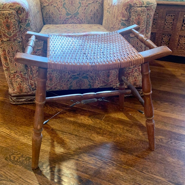 Antique Tell City Stool Saddle Stool Caned Seat Bench Foot Stool