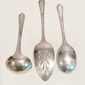 May include: Three silver serving spoons. The spoon on the left is a ladle with a rounded bowl. The spoon in the middle is a slotted serving spoon with a decorative design. The spoon on the right is a regular serving spoon.