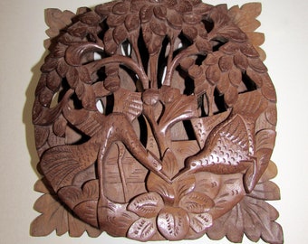 Vintage Carved Wood 3D Relief Wall Art Flowers Birds