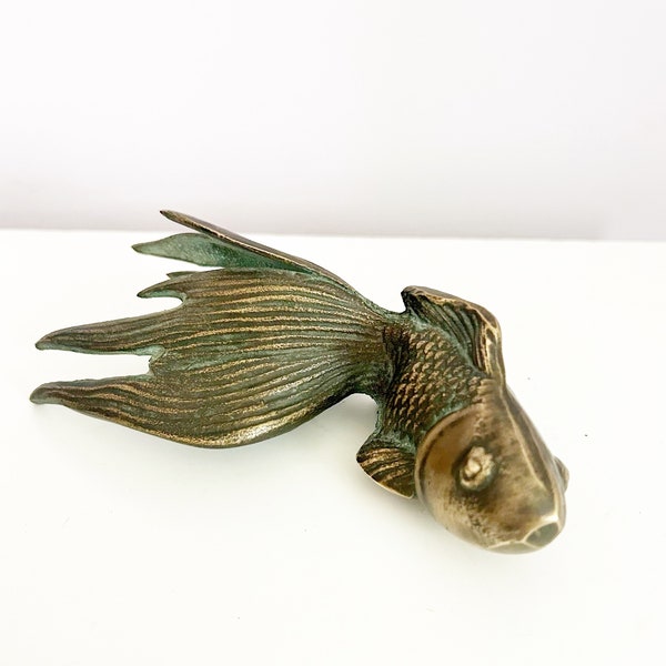 Mid Century Modern Brass Fan Tail Goldfish Sculpture Paper Weight Hollywood Regency Style