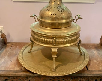 Antique Arabic Brass Brazier, Pierced Brass Dome Crescent Moon & Star - Middle Eastern Food Warmer Fire Pit Ceremonial Incense Burner