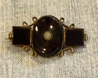 Victorian French Black Jet with Seed Pearl Brooch