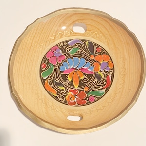 Hand Painted Mexican Lacquered Wood Bowl Mexican Folk Art Batea Bowl With Handles