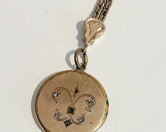 Antique Victorian Round Gold Filled Photo Locket with attached Watch Chain FOB