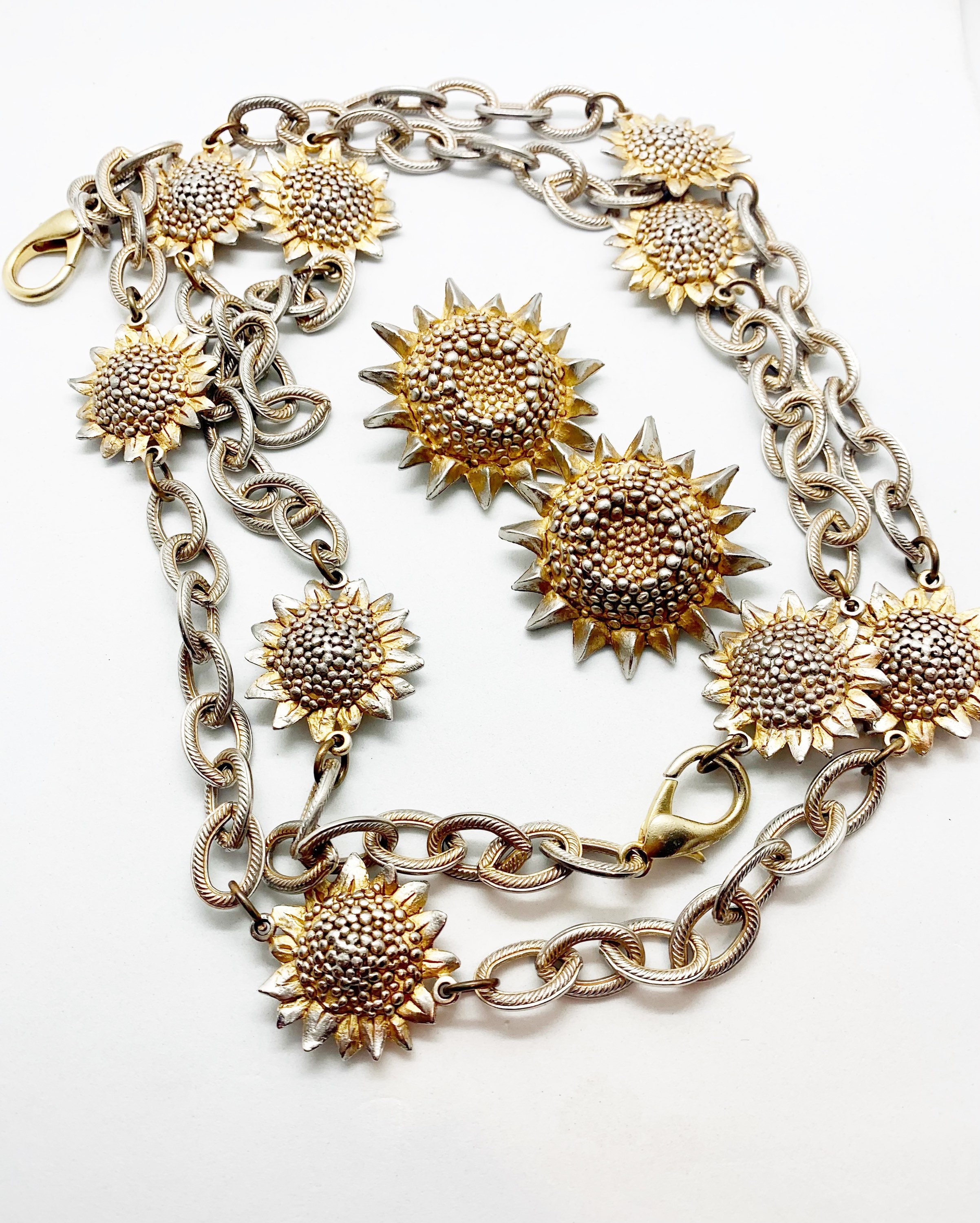 Vintage Kate Hines Sunflower Chain Link Belt and Clip on  display picture 1