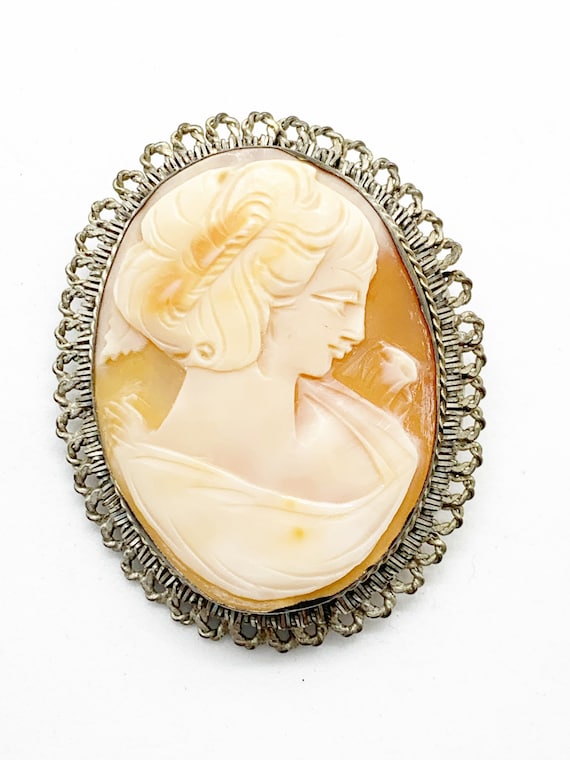 Antique Silver Carved Cameo Pendant Brooch - image 1