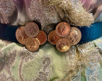 Vintage Wide Sikka Belt Queen Elizabeth Chinese Luck Coin Accents Brown Leather Elizabeth Coin Belt - Etsy main image 2