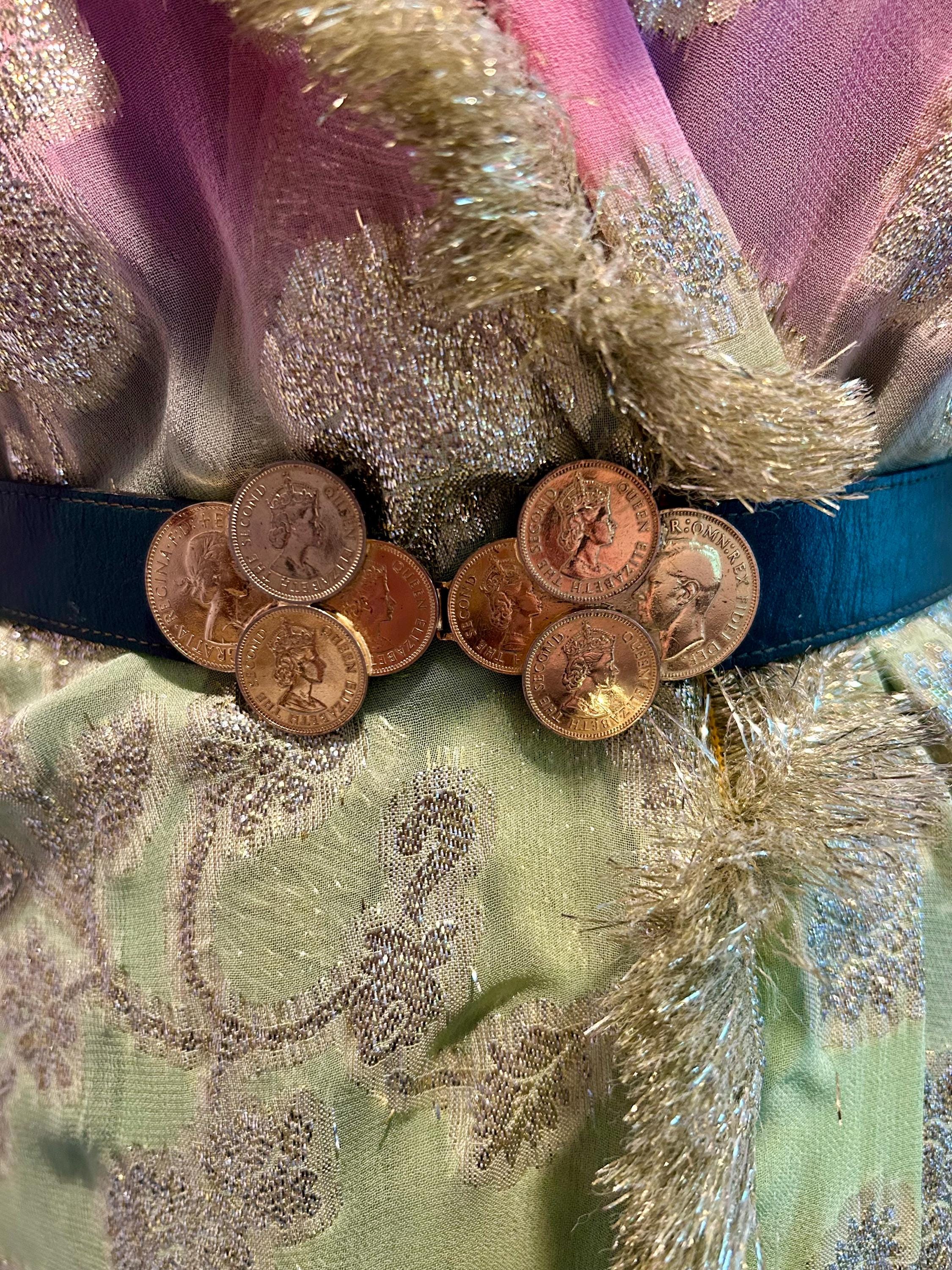 Vintage Queen Elizabeth Coin Medallion Cinch Belt Dark Green  display picture 1