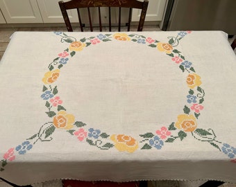 Embroidered Floral Linen Tablecloth Handmade X Stitch Design Fancy Border Hem Table Cloth