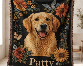 Personalized Dog Blanket With Name Custom Woven Pet Portrait Tapestry Floral Cotton Throw