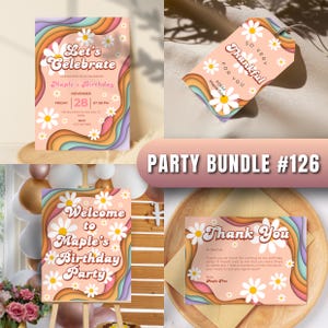 Retro Birthday Party Invitation Template Bundle | Editable Canva Welcome Sign, Thank You Card & Favor Tags | Digital Download