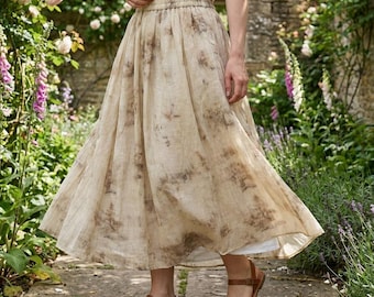 Leaf-Dyed Floral Swing Skirt: Earthy Elastic Cotton Tencel Skirt