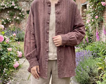 Washed Linen Cotton Kimono Jacket: Retro Cottage Style Button Up Overcoat