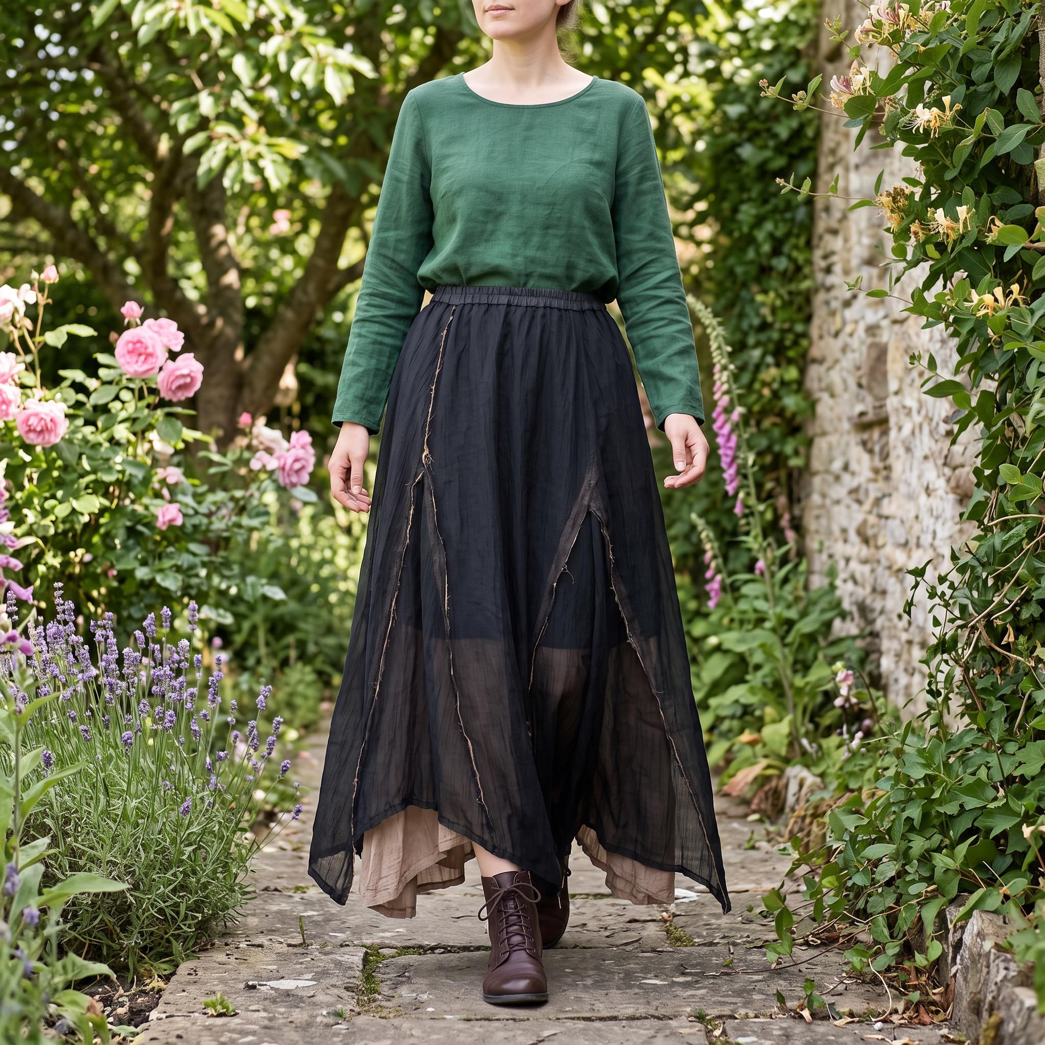Distressed Gothic Elastic Fairy Skirt: Tencel-Cotton Victorian Bohemian Skirt