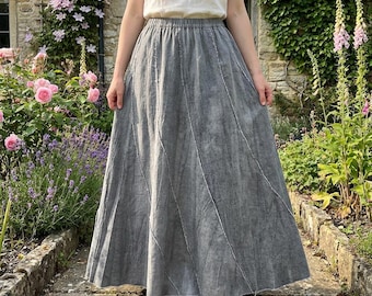 Distressed Cotton Ramie Bohemian Maxi Skirt: Retro Cottagecore Elastic Summer Skirt