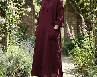 Hooded Cotton Maxi Dress: Long Kimono Style Robe With Pockets