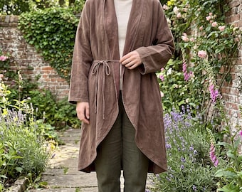 Rustic Cotton Linen Duster Coat: Cottage Style Wrap Coat With Waist Tie
