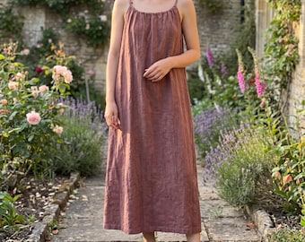 Washed Linen Cotton Slip Dress: Relaxed Cottage Style Maxi Dress with Tie Straps
