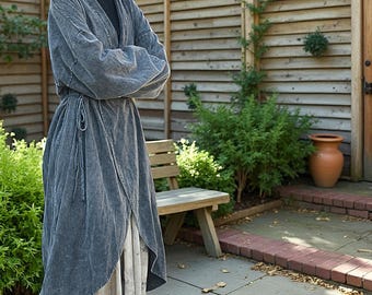 Rustic Linen Cotton Wrap Jacket: Cottage Style Distressed Duster Coat With Waist Tie