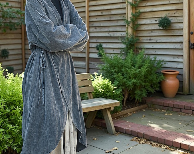 Rustic Linen Cotton Wrap Jacket: Cottage Style Distressed Duster Coat With Waist Tie