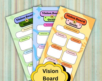 May include: Three colorful vision board templates for 2026. Each board features sections for goals, including dieting, career, and business. The boards are in shades of green, blue, and yellow, with decorative text and a flower graphic.