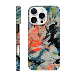 May include: A smartphone case with a vibrant abstract design. The case features a swirling pattern of orange, black, white, blue, and green colors. The side of the case has a matching design. The case has a camera cutout and buttons.