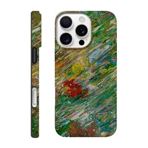 May include: A colorful phone case with an abstract design. The case features a vibrant mix of green, yellow, red, and blue hues, creating a dynamic, artistic pattern. The side view shows a matching design, and the case has a camera cutout.