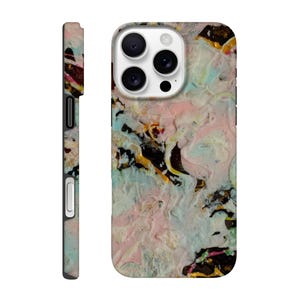 May include: A phone case with a colorful abstract design. The case features a mix of pink, blue, yellow, and black hues, creating a marbled effect. The side of the case is black, and the camera lenses are visible.