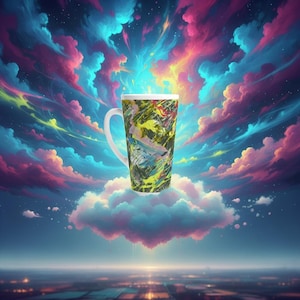 May include: A tall white coffee mug with a colorful abstract design of yellow, green, blue, and red paint splatters. The mug has a white handle and sits on a cloud against a vibrant sky.