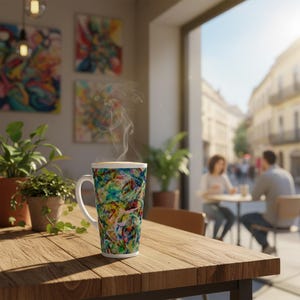 May include: A tall coffee mug with a white handle and rim, featuring a colorful abstract design in shades of blue, green, yellow, and red. The mug sits on a wooden table, with steam rising from the top.