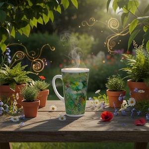 May include: A tall white coffee mug with a colorful abstract design, steaming, sits on a wooden table surrounded by potted plants and flowers. The mug's design features green, blue, and yellow hues. The scene is set outdoors with a blurred garden background.
