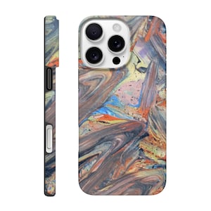 May include: A smartphone case with a colorful abstract design. The case features a swirling pattern of brown, orange, blue, and yellow hues. The side view shows a matching design. The case has cutouts for the camera and buttons.