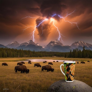 May include: A tall white coffee mug with a colorful abstract design featuring orange, green, and black accents, resting on a large rock. The background shows a herd of bison grazing in a field with mountains, a lake, and a dramatic lightning storm.