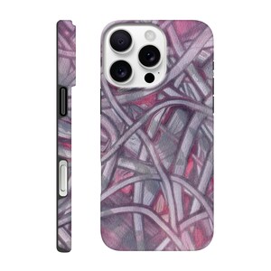 May include: A phone case with a colorful abstract design. The case features a pattern of intertwined lines in shades of gray, pink, and purple. The side view of the case is also visible, showing the case's thickness and button placement.