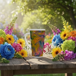 May include: A tall white coffee mug with a colorful abstract design in shades of orange, yellow, blue, and green. The mug sits on a wooden table surrounded by a vibrant arrangement of colorful flowers, including sunflowers and peonies.