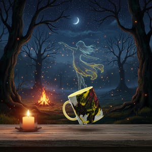 May include: A whimsical image depicts a levitating mug with a yellow handle and interior, adorned with abstract black, red, and yellow paint. A candle burns beside a campfire in a moonlit forest, with a dancing ethereal figure above.