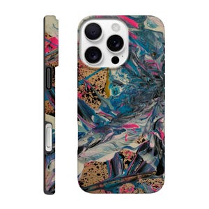 May include: A phone case with an abstract design. The case features a vibrant mix of colors, including blue, pink, and gold, creating a dynamic and artistic appearance. The design appears to be a blend of paint splatters and brushstrokes, giving it a modern look.